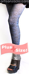 Plus Size Royal Blue Footless Tights with Black Lace Print