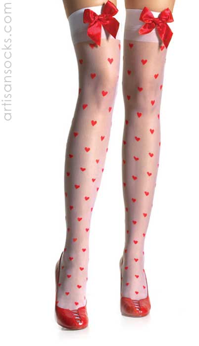 White Thigh Hi Stockings With Woven Red Hearts Satin Bow