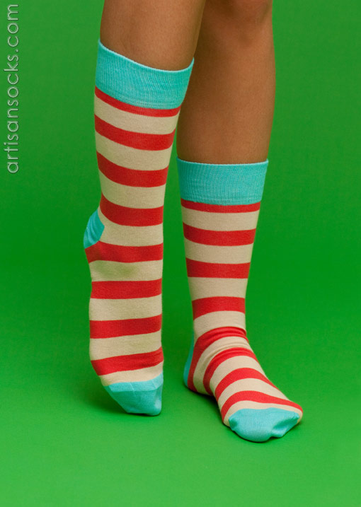 Happy Socks Striped Cotton Crew Socks: Russet, Oatmeal & Aqua